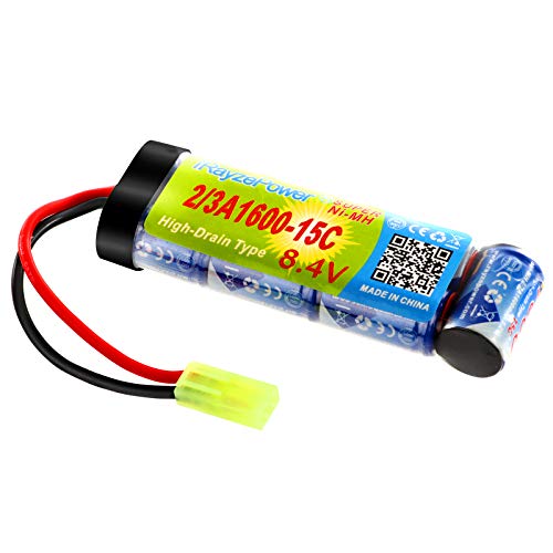 iRayzePower Airsoft Battery 8.4V 1600mAh NiMH Flat Battery Pack with Mini Tamiya Connector for Airsoft Guns MP5, Scar, M249, M240B, M60, G36, M14, RPK, PKM â€¦