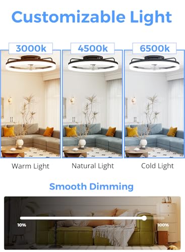 Image of Ceiling Fans with Lights and Remote, 20 inch Low Profile Flush Mount Ceiling Fan with 7 Blades, 6 Speeds, 3CCT Dimmable LED Fan Light (3000K-6500K), Modern Fandelier Ceiling Fans for Bedroom