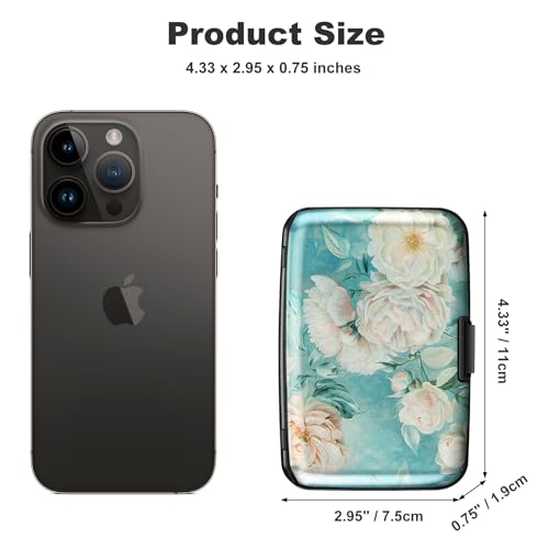 Image of ELFISH Mini RFID Aluminum Wallet Credit Cards Holder Business Card Case Metal ID Case for Men Women, White peony