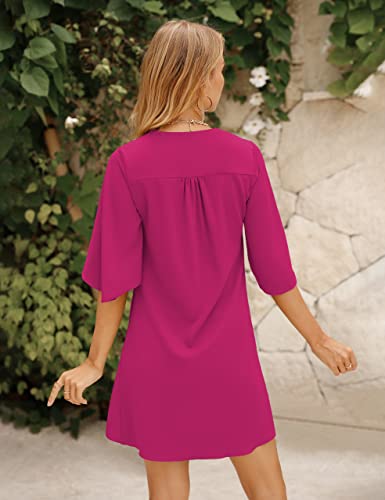 Belongsci Women's Summer Dress Sweet & Cute V-Neck 3/4 Bell Sleeve Casual Loose Mini Flowy Swing Dress #TOP3