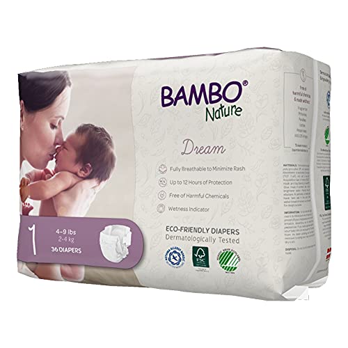 Image of Bambo Nature Hypoallergenic Dream Baby Diapers, Premium Eco-Labeled Sustainable Diapers, Enhanced Leakage Protection, Totally Chlorine-free, Skin Friendly, and Super Absorbent - Size 1 (108 Count) | Eco-Labeled Diapers, Enhanced Leakage Protection, Totally Chlorine-free, Skin Friendly