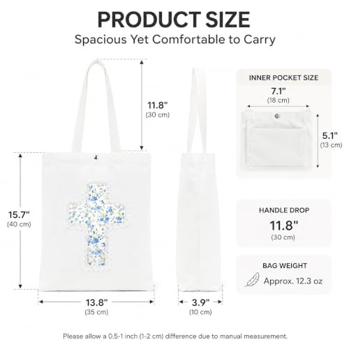 Image of Christian Tote Bag Gift for Women, Canvas Bible Bag Handmade Floral Cross