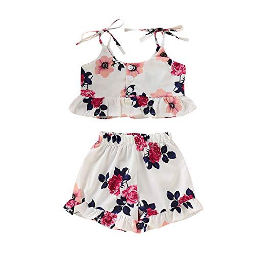 BOEBNOZCV Toddler Little Girl Floral Halter Ruffled Outfits Set Strap Crop Tops+Bell-Bottomed Short Pants 2 PCS Clothes Set (White,12-18 Months)