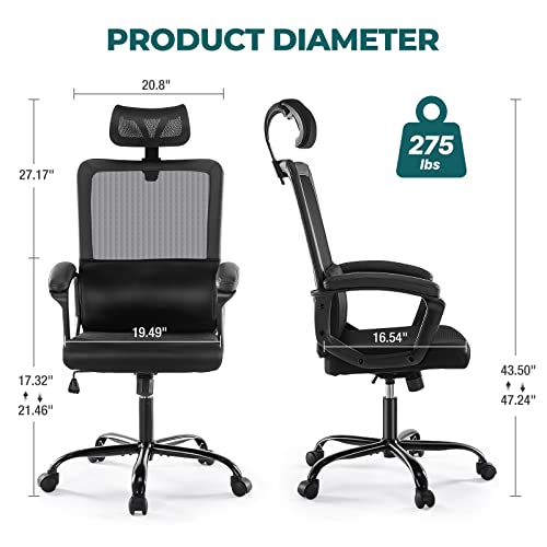 Smug Ergonomic Mesh High Back Computer Adjustable Headrest,Lumbar Support, Tilt Function,Swivel Rolling, Soft Pu Armrest Task Home Office Desk Chairs, Black #TOP2