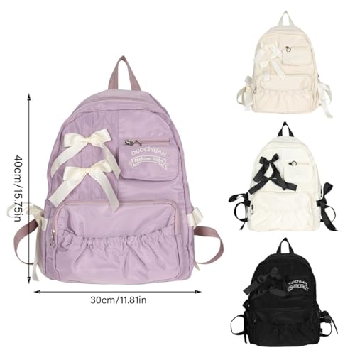 Japanese girl bow backpack cute college style large capacity backpack pleats fresh and sweet (Off-White)2