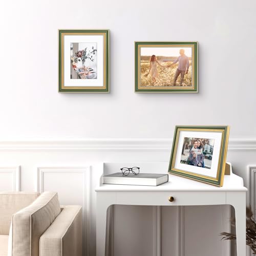 Image of Golden State Art,8.5x11 Ornate Picture Frame Holds 6x8 Photo,Green Gold | Includes easel back,HD plexiglass,white mat,build-in hangers.8.5x11 Decorative photo frame matted to 6x8.Desktop /wall mount