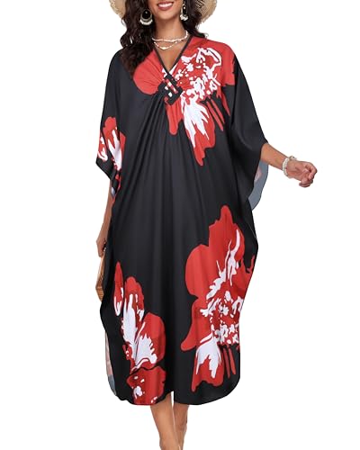 Image of Kaftan Dresses for Women V Neck Caftans Batwing Sleeve Beach Cover Ups | JILUVIN Plus Size Long Floral Print Dress, Loose Fit Maxi Casual Moomoo, Lounge House Mumu Nightgown Summer Vocation 2026