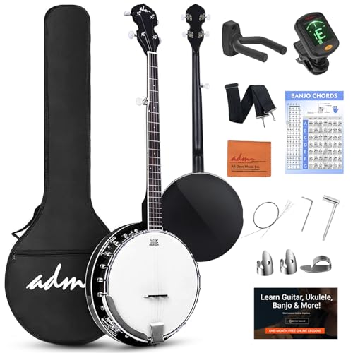 ADM Banjo 5 String Full Size Banjoes Set, 38 Inch Beginner Banjo Kit with Resonator, Remo Drum Head, Open or Closed Back, Gift Package Free Lessons Starter Accessories for Adults Teenager, Black