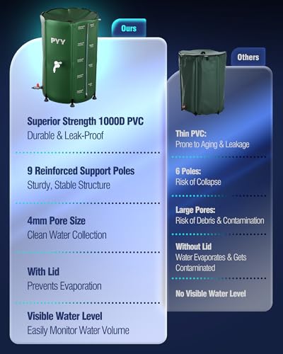 PYY Rain Water Collection Barrel - 53 Gallon Green Large Water Storage Tank with Spigot, Hose and Portable Bucket, Plastic Collapsible Rain Catcher Catchment System to Collect Rainwater from Gutter
