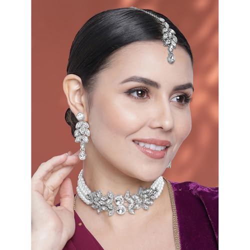 Image of Peora Gold Plated Bridal Crystal Pearl Choker Necklace with Drop Earrings Traditional Jewellery Set for Women