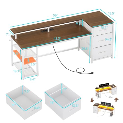 SEDETA 59" Office Desk with Drawers, Reversible Computer Desk with File Drawers & Storage, Gaming Desk with LED Lights & Power Outlet, Home Office Desks for Printer, White and Brown