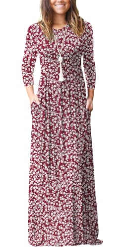 GRECERELLE Women Long Sleeve Casual Round Neck Loose Solid Floral Maxi Long Dress with Pockets, S-3XL
