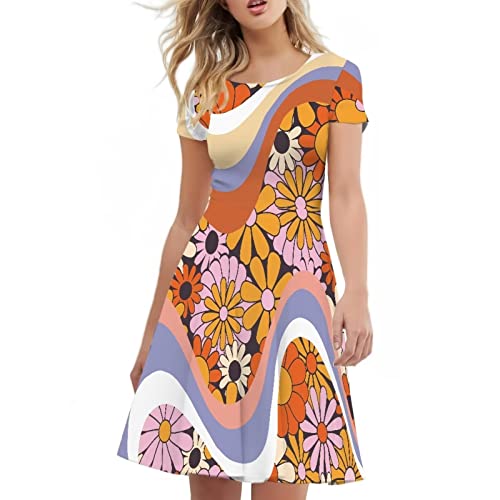 Image of POLERO Women Puffy Swing Elegant Party Midi Dresses Short Sleeve Round Neck A-Line Dress