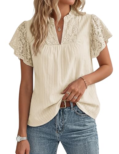 GRACE KARIN Womens Lace Short Sleeve Tops Summer Dressy Casual Cotton Blouses Flowy V Neck Dress Shirts Trendy Clothing 2026 Apricot Large