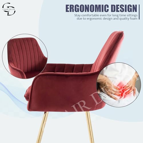 Image of Velvet Accent Chair with Matching Pouffe & Floral Cushion | Modern Upholstered Armchair with Gold Metal Legs | Lounge Chair for Living Room, Bedroom, Office, Guest Room (Red)