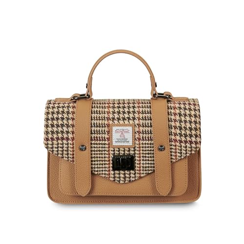 Islander Bolsa de couro e Harris Tweed com alça ajustável, alça superior, 24 x 16 x 7 cm, Dogtooth bege