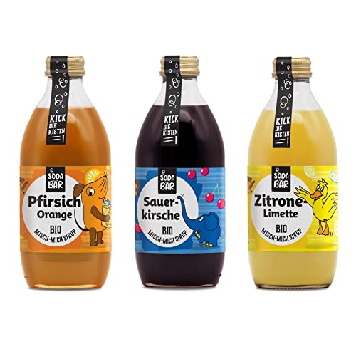 Sirup Bio Probierset Maus > Pfirsich Orange | Sauerkirsche | Zitrone-Limette > bis zu 12l Getränk mischen, 100% Bio, 100% lecker und 100% Maus Cover