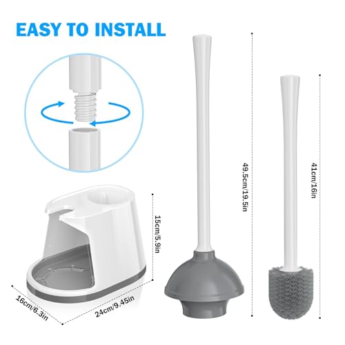 Toilet Plunger and Brush Set, Bowl Brush and Heavy Duty Toilet Plunger with Ventilated Holder, 2-in-1 Toilet Brush and Plunger Combo for 5.3-inch Toilet Drain Bathroom Deeply Cleaning(White & Grey) - image 8