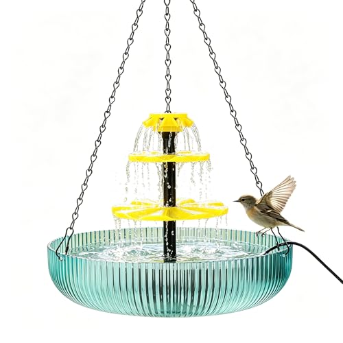 3-Tier Solar Powered Hanging Bird Bath Fountain Cascading Water Feeder for Hummingbirds Wild Birds[16.4FT/Extra Long Cord] for Outdoor Garden Patio Backyard Decor