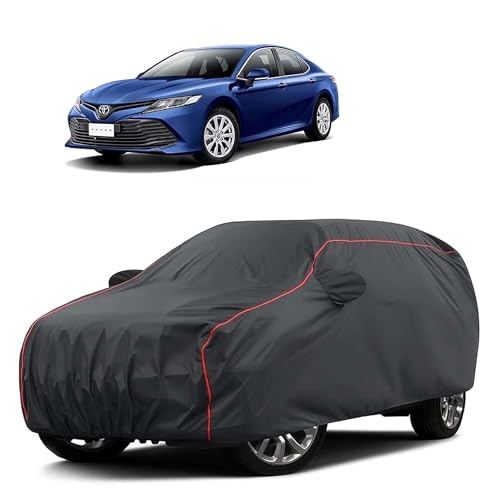 Image of Sulfar 100% Water Resistant Car Body Cover Compatible with Mirror for Toyota Camry (Triple Stitched, Full Bottom Elastic, Dark Grey Taffeta with Red Piping)