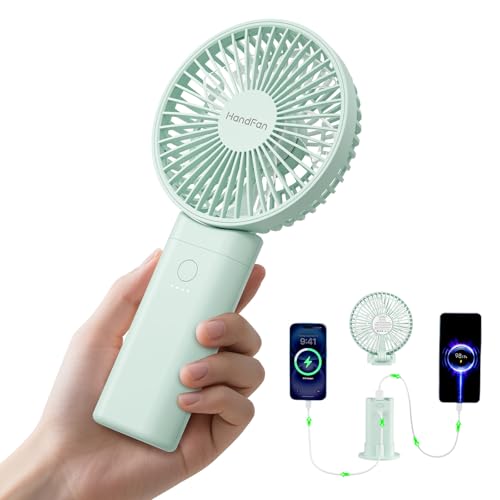 HandFan Ventilador de mano mejorado de 10,000 mAh silencioso - Ventiladores de mano grandes de 4.5 pulgadas recargables, ventilador portátil plegable de 180° [30 horas de funcionamiento] con cordón