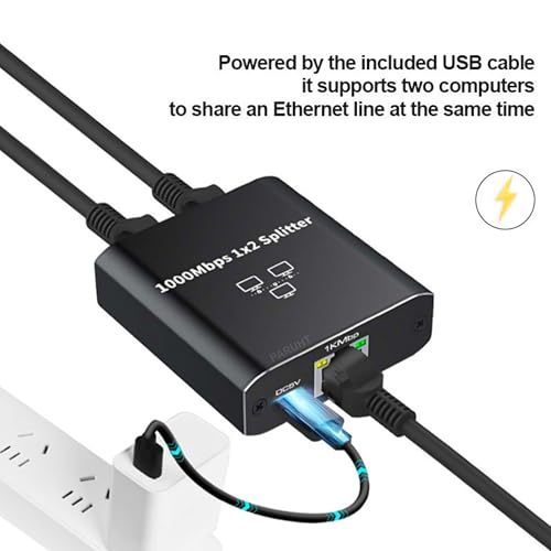 Image of Ethernet Splitter 1 to 2 Gigabit 1000Mbps - RJ45 LAN Network Adapter Hub with USB-C Power, Cat8 /Cat7 /Cat6 /Cat5e Compatible - Plug & Play Internet Cable Splitter for 2 Devices, Black ETHSP-1B2