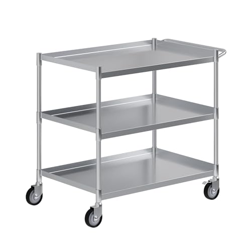 3 Shelf Stainless Steel Tubular Utility Cart | 21 in. Wide X 33 in. Long X 33 in High | Metal Utility Cart on Wheels with Handle | NSF