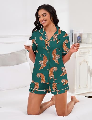 Image of SHESHOW Satin Pajamas for Women Set Preppy Animals Pjs Short Sleeve Shorts 2 Piece Loungewear Sets XS-XXL