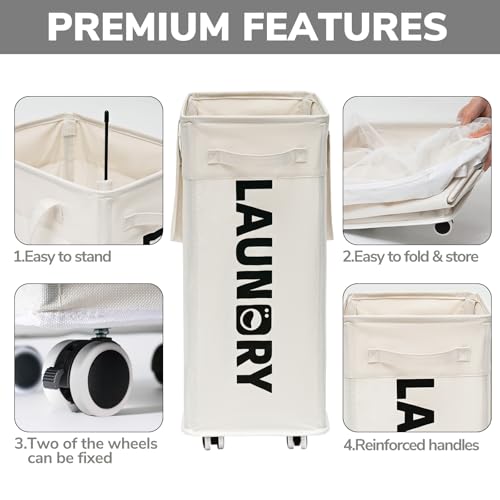 Image of Goodpick Laundry Hamper with Wheels, 75L College Dorm Room Essentials, Clothes Hamper with Removable Wash Bag for Bedroom, Large Laundry Basket with Handle, White