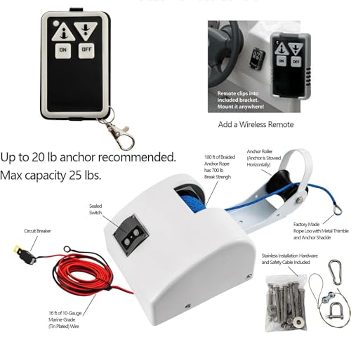 Verricello elettrico con telecomando, 12 V, per motoscafi e barche da pesca, con corda in nylon da 30,5 m