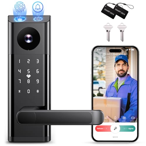 Smart Lock with Camera & Doorbell, 3-in-1 Keyless Entry Door Lock with Handle, Built-in WiFi Camera Smart Lock for Front Door, Fingerprint, Keypad Code, App Control, Auto Lock