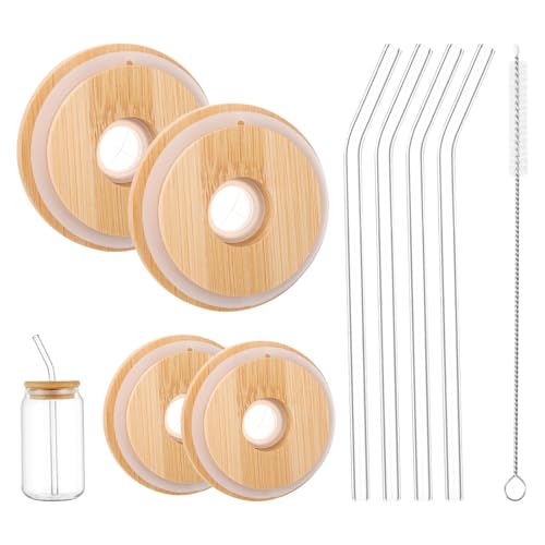 4 Pack Bamboo Lids for Glass Cups with Straw Hole, Reusable 2.75 in/70 mm Wooden Cup Lids Replacement with Straw, Airtight Can Lids for Mason Jar Regular Mouth Beer Glasses Drinking Jars 16 Oz Cups