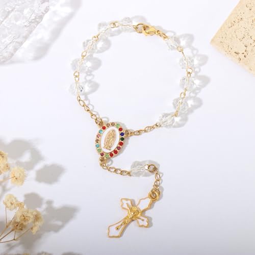 Image of Car Mirror Hanging Accessories,Cross Rosary for Car Mirror Hanging,Catholic Religious Gifts for Women Men,Wedding Favors Baptism Gifts for Guest (White)