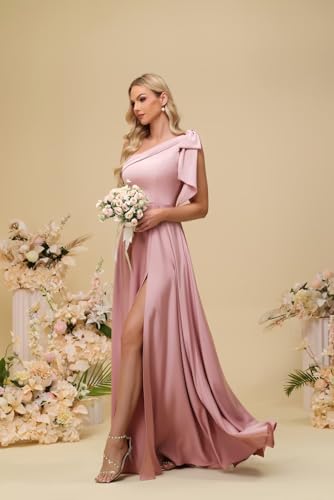 One Shoulder Bridesmaid Dress with Bow 2025 Satin A-Line Pleated Corset High Split Wedding Guest Dress3