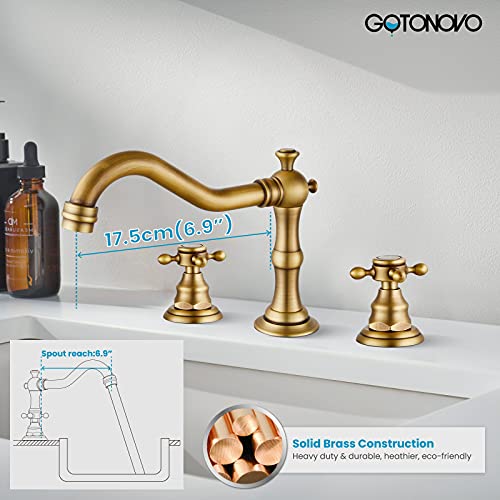 Gotonovo Widespread Bathroom Faucet Double Handle Mixer Tap For Bathroom Antique Brass Three Hole Deck Mount Hot Cold Water Matching Pop Up Drain With Overflow thumb #3
