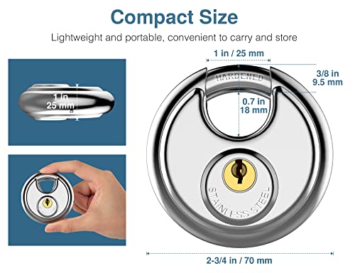 Puroma Keyed Padlock, Stainless Steel Discus Lock Heavy Duty Locks with 3 Keys, Waterproof and Rustproof Storage Lock with 3/8 Inch Shackle for Warehouse, Garage, Storage Locker, and Outdoors (1 Pack)