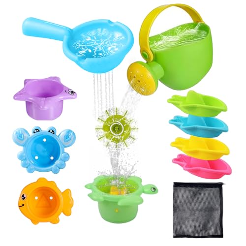 KBIBCK Baby Bath Toys for 1 2 3 Year Olds Toddler,11 PCS Water Play Swimming Pool Toys,No Mould Baby Bath Toys with Storage bag,Mould Free Colorful Stackable Boats and Spoons Shower Toys for Boys Girl