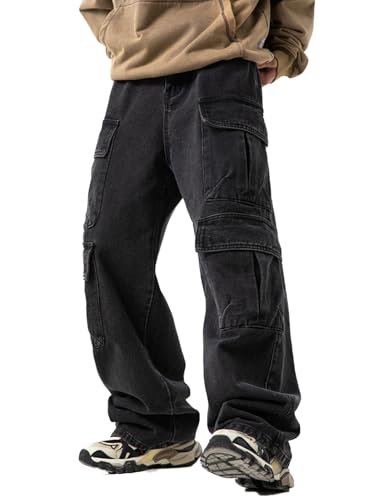 Men's Loose Cargo Pants Mulit Pockets Straight Leg Denim Jeans Casual Trousers