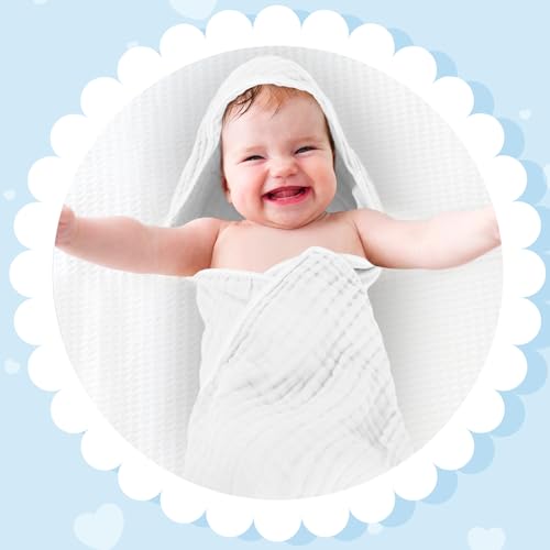 Image of Peryiter 6 Pcs Muslin Hooded Baby Towels, 32 inchx 32 inch Cotton Newborn Bath Towel Muslin Infant Baby Blankets Absorbent Unisex Newborn Registry Gift Essentials for Girls Boys (Blue)
