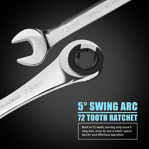 LOSCHEN 12pcs/set 8-19mm Metric Ratcheting Wrench Combination Wrench Set with 72 Teeth, Chrome Vanadium Steel Tubing Ratchet Spanner(US and European Patents)