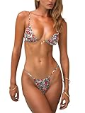 OWICA Women's Triangle Bikini Sexy Thong Floral Print Two Piece Swimsuit Bathing Suits Sets Back Tie Spaghetti Straps Bikini Top