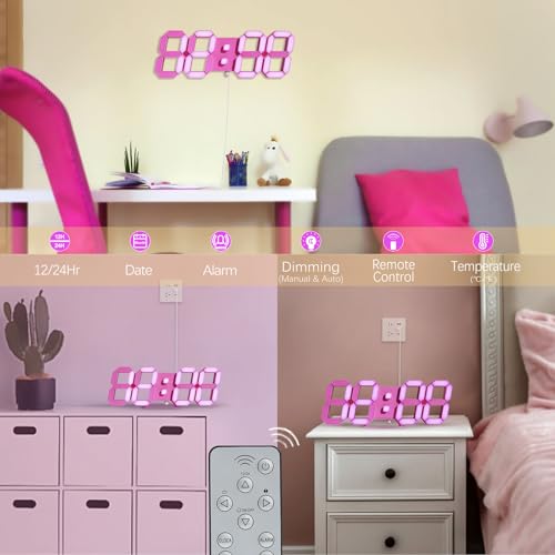 Image of KOSUMOSU 9.7 Inch 3D Pink LED Wall Clock, Table Clock for Living Room, Modern Digital Clock for Bedroom, Aesthetic Desk with Remote Control /Dimming /12 /24 Hours