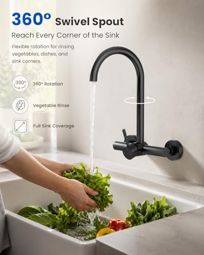 Image of Wall Mount Kitchen Faucet, 8 Inch Center, Matte Black, Lead-Free | Single Handle, 360 Swivel, NSF /ANSI /CAN 372 Lead-free, CEC /DOE 1.8 GPM, 2-hole, Spot-resistant, DIY friendly, No Deck Mess
