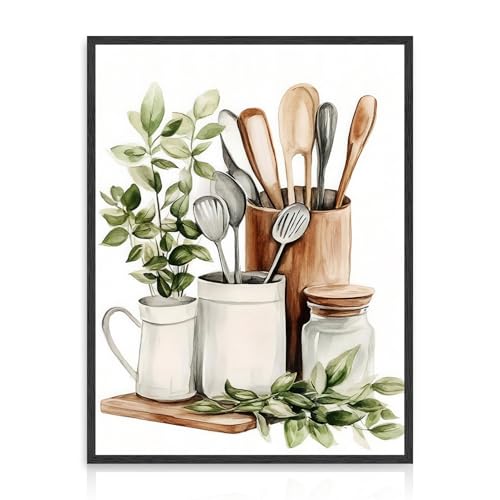 Dazzlewall Lienzo Botánico Cocina Aquarelle, Póster de Hojas Eucalipto Verde Sauge y Utensilios para Cocina Comedor 30×40 cm Sin Marco