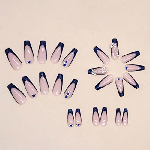 Yoyoee Long Coffin False Nails Blue Butterfly Press On Nails French Fake Nails Acrylic Ballerina Nails Tips For Women And Girls 24Pcs thumb #3