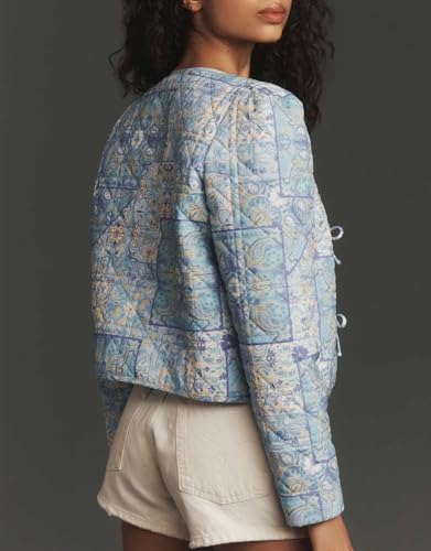 Women's Cropped Quilted Lightweight Jackets Floral Puffer Padded Jackets Casual Button Down Winter Coat Outwear3