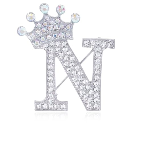 Image of Initial Letter Brooch Pins with Crown for Women Girls Men Boys Personalized Name Brooches Crafts Colorful Rhinestone Brooch Pins Silver A-Z