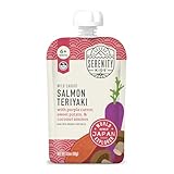 Serenity Kids 6+ Months Baby Food Puree Pouch - 5g Protein Snack - Organic Baby Food Pouch with No Added Sugar - On-the-Go Toddler Snack - Salmon Teriyaki, 3.5 Oz, Pack of 6