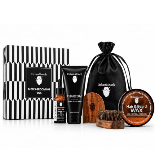 Image of UrbanMooch 5 in 1 Beard Grooming Kit for Men | Face & Beard Wash with Growth Oil, Wax, Brush & Comb | Best Gift for Man | Complete Care solution in One Kit