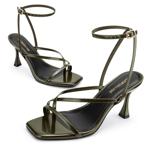 Image of Women's Strappy High Heels Sandals Square Open Toe Ankle Strap Slingback Thong Stilettos Shoes for Wedding